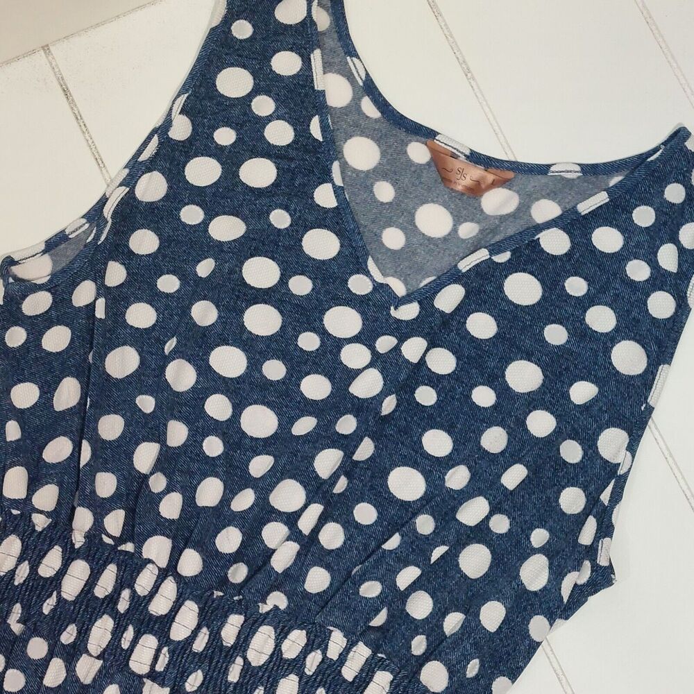 SJS  Sleeveless Maxi Dress Size Large  Polka Dots Blue White Elastic Waist
